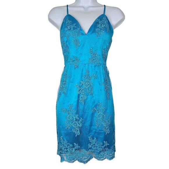NBD Revolve Plunge V-Neck Lace Slip Cocktail Mini Dress Low Back Blue Small - Picture 3 of 12